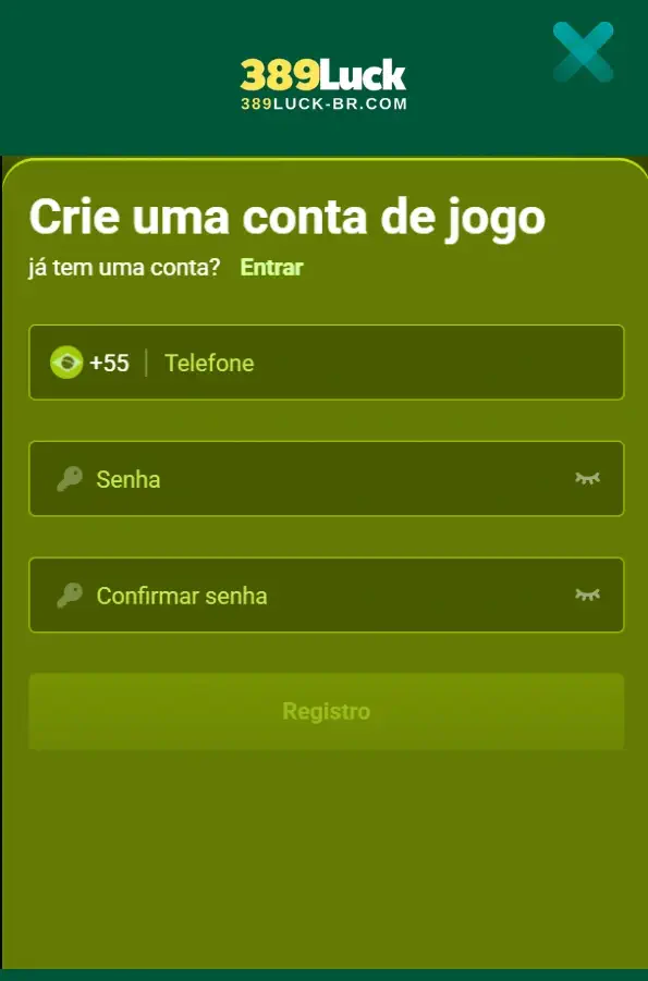 Tela de registro 389LUCK cassino com formulário de criação de conta